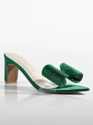 Green Crystal Bow Satin Kitten Heel - Heels for Women & Embellished Heels for Women