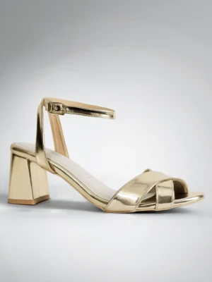 Gold Cross Strap Block Heel Sandal - Block Heels Women & Ankle Strap Heels for Women