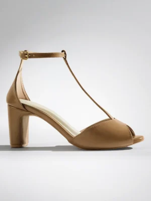 Tan T-Strap Block Heel Sandal - Block Heels Women & Ankle Strap Heels for Women