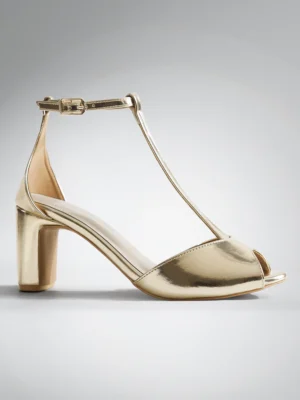 Gold T-Strap Block Heel Sandal - Block Heels Women & Ankle Strap Heels for Women