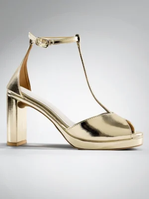 Gold Wedge T-Strap Block Heel - Block Heels Women & Ankle Strap Heels for Women