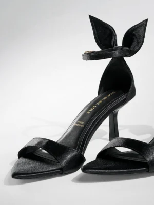 Black Satin Bow Wedge Stiletto Heel - Heels for Women & Ankle Strap Heels for Women