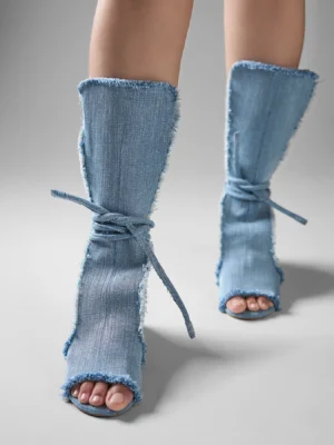 Denim Frayed Lace-Up Flat Sandal Heels for Women