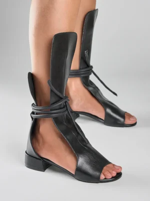 Black Leather Gladiator Block Heels for Women