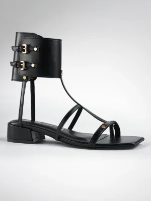 Black Gladiator Ankle Cuff Flat Sandal for Women