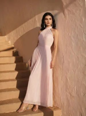 Blush Pink Pearl Embellished Halter Neck Pleated Maxi Gown for Women