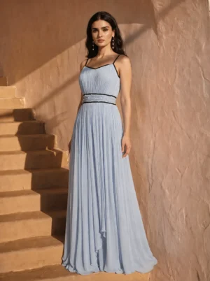 Powder Blue Pleated Maxi Dress with Pearl Waistband & Asymmetric Hemline