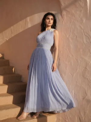 Powder Blue Pearl Embellished One Shoulder Gown from Golden Muslin By Anjali Design Studio with pleated silhouette and open back