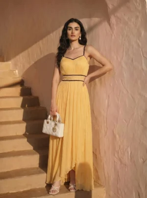 Marigold Pleated Asymmetrical Maxi Dress with Pearl Waistband