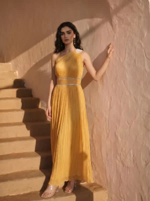 Marigold Pearl Embellished One Shoulder Gown from Golden Muslin By Anjali Design Studio with pleated silhouette and open back