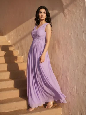 Lilac Pearl Embellished Pleated Chinon Gown from Golden Muslin By Anjali Design Studio with V-neck bodice and deep V-back