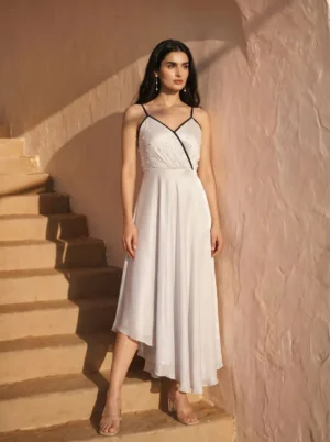 Silver Grey Asymmetrical Evening Dress with Pearl Bodice & Spaghetti Straps