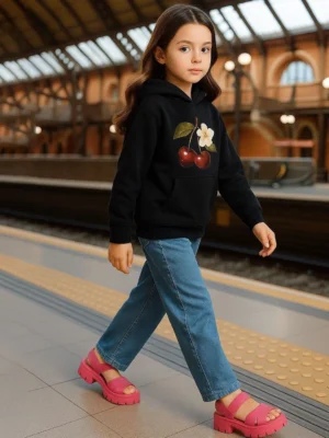 Black Cherry Blossom Printed Hooded Cotton Sweatshirt for Girls