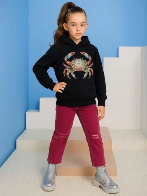 Black Crabby Cool Printed Hooded Sweatshirt for Girls Winter Wear