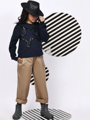 Navy Blue Embellished Pullover Sweatshirt for Girls Winter Casual