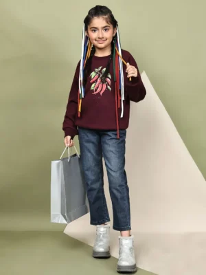 Wine Fleece Sweatshirt with Chili Pepper Print for Girls Winter Wear