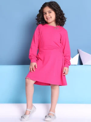 Girls Pink Solid A-Line Dress with Long Sleeves and Embellished Detail