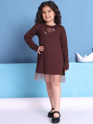 Girls Brown Solid Dress with Tulle Hem and Floral Detail Party Wear