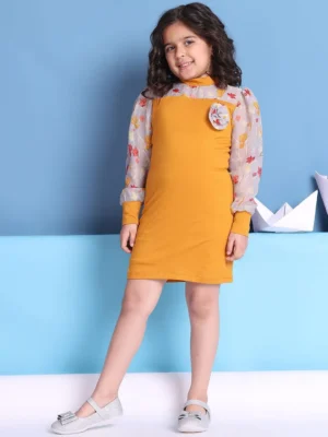 Girls Mustard Solid Dress with Floral Sheer Sleeves and Brooch Detail