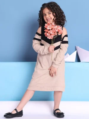 Girls Beige Colorblock Cold Shoulder Dress with Long Sleeves Casual Wear