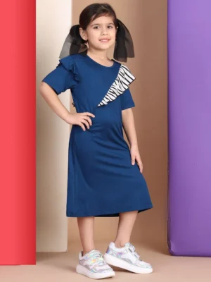 Girls Navy Solid Dress with Diagonal Ruffle Detail Casual Party Wear Style