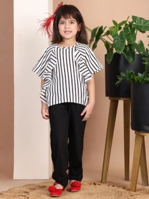Girls Striped Crepe White Top Short Sleeve Casual Summer Wear