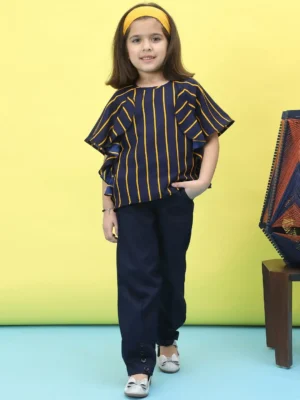 Navy Blue Girls Vertical Striped Printed Top Short Sleeve Casual