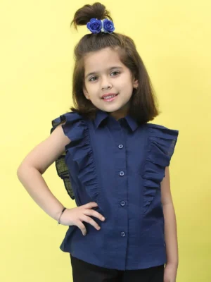 Blue Girls Shirt Collar Sleeveless Cotton Top Smart Casual Wear