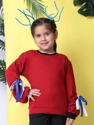 Girls Puff Sleeve Pure Cotton Red Top Round Neck Stylish Casual
