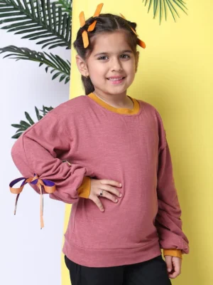 Girls Cuffed Sleeve Cotton Rose Top Round Neck Casual Smart Wear