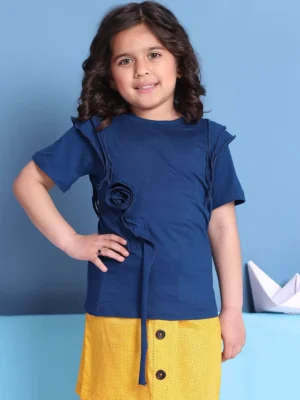 Girls Viscose Jersey Blue Top Rose Detail Frill Stylish Casual