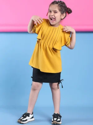 Yellow Girls Cotton Lycra Top Front Tucks Frill Sleeve Casual Wear