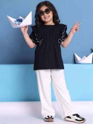 Blue Girls Cotton Lycra Top Front Tucks Frill Sleeve Casual Wear