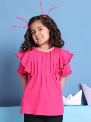 Fuchsia Girls Cotton Lycra Top Front Tucks Frill Sleeve Casual