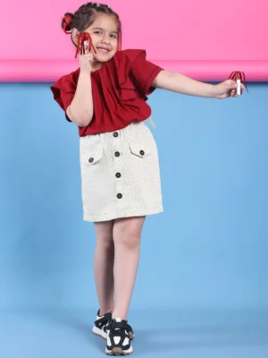 Crimson Red Girls Cotton Lycra Top Front Tucks Frill Sleeve Casual