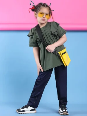 Dark Ivy Girls Cotton Lycra Top Front Tucks Frill Sleeve Casual