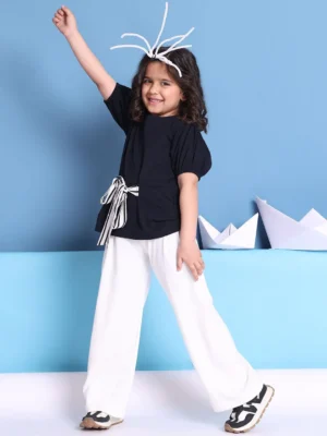 Blue Girls Cotton Lycra Top Puff Sleeve Bow Detail Chic Casual