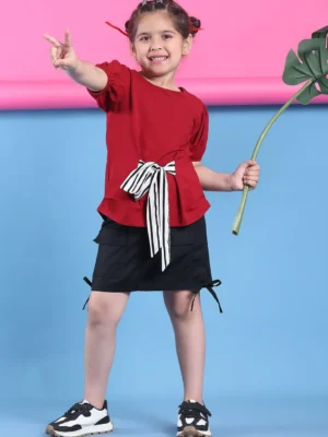 Crimson Red Girls Cotton Lycra Top Puff Sleeve Bow Detail Chic Wear