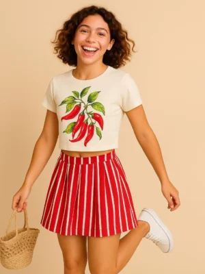 Girls Round Neck Cream Crop Top Short Sleeve Casual Stylish Wear