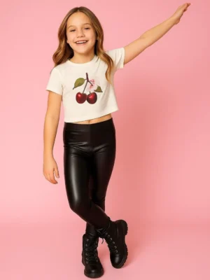 Graphic Printed Crop Top Round Neck Short Sleeve Casual for Girls