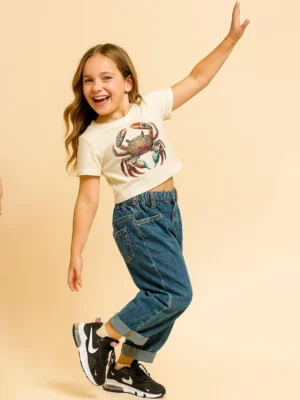 Graphic Printed Cream Crop Top Round Neck Short Sleeve Casual for Girls