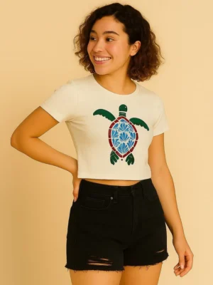 Graphic Printed Cream Crop Top Round Neck Short Sleeve Casual for Girls