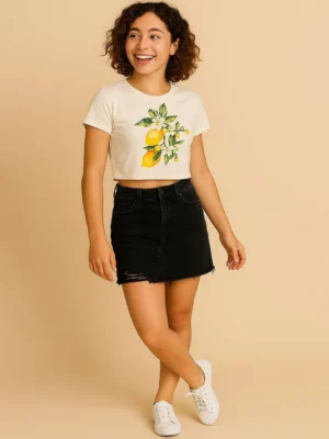 Round Neck Crop Cream Top Short Sleeve Casual Everyday Wear for Girls