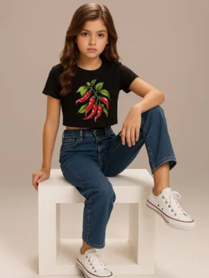 Graphic Printed Crop Top Round Neck Short Sleeve Casual for Girls