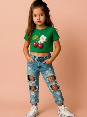 Green Girls Graphic Printed Crop Top Round Neck Short Sleeve Casual
