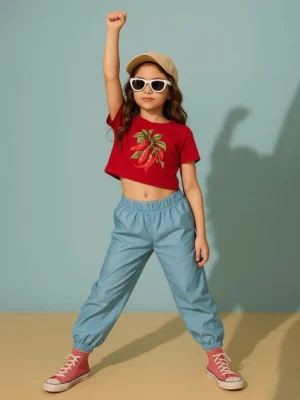 Baarwi Red Girls Printed Crop Top Round Neck Short Sleeve Casual Wear
