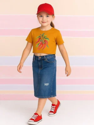 Graphic Printed Boxy Crop Yellow Top Round Neck Casual Wear for Girls