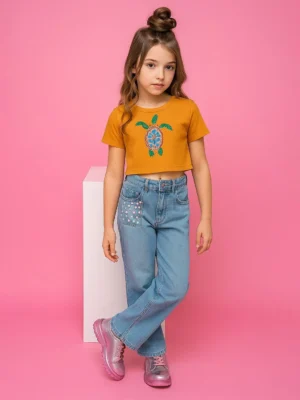 Printed Crop Yellow Top Round Neck Short Sleeve Casual Wear for Girls