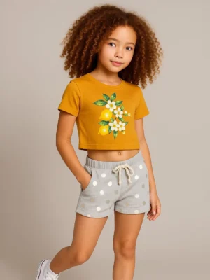 Conversational Printed Crop Yellow Top Round Neck Casual for Girls