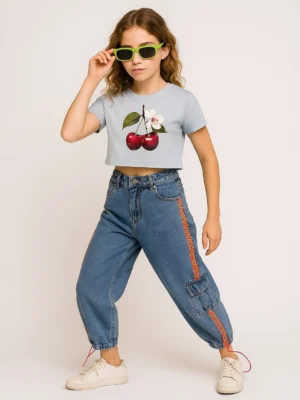Graphic Printed Crop Blue Top Round Neck Short Sleeve Casual for Girls
